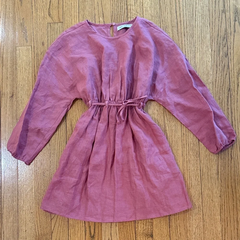Zara Linen Mauve Tie Waist Back Cut Out Dress Girls 10 year